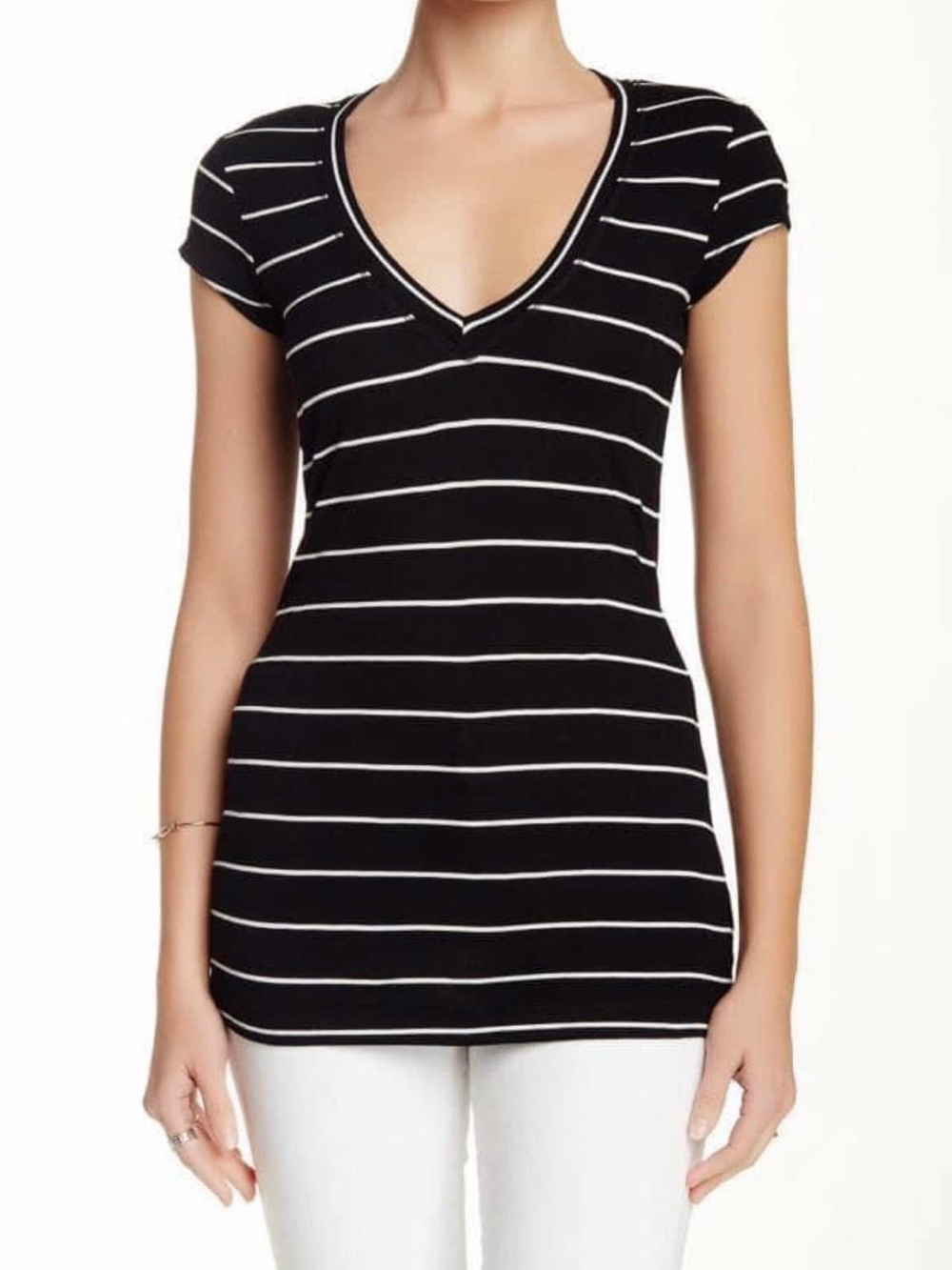 NWT H By Bordeaux Black & White Stripe V-Neck Ribbed S/S Tee—Size Medium